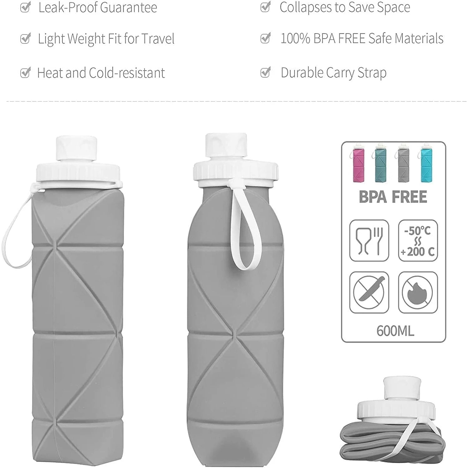 600ML Silicone Collapsible Water Bottle